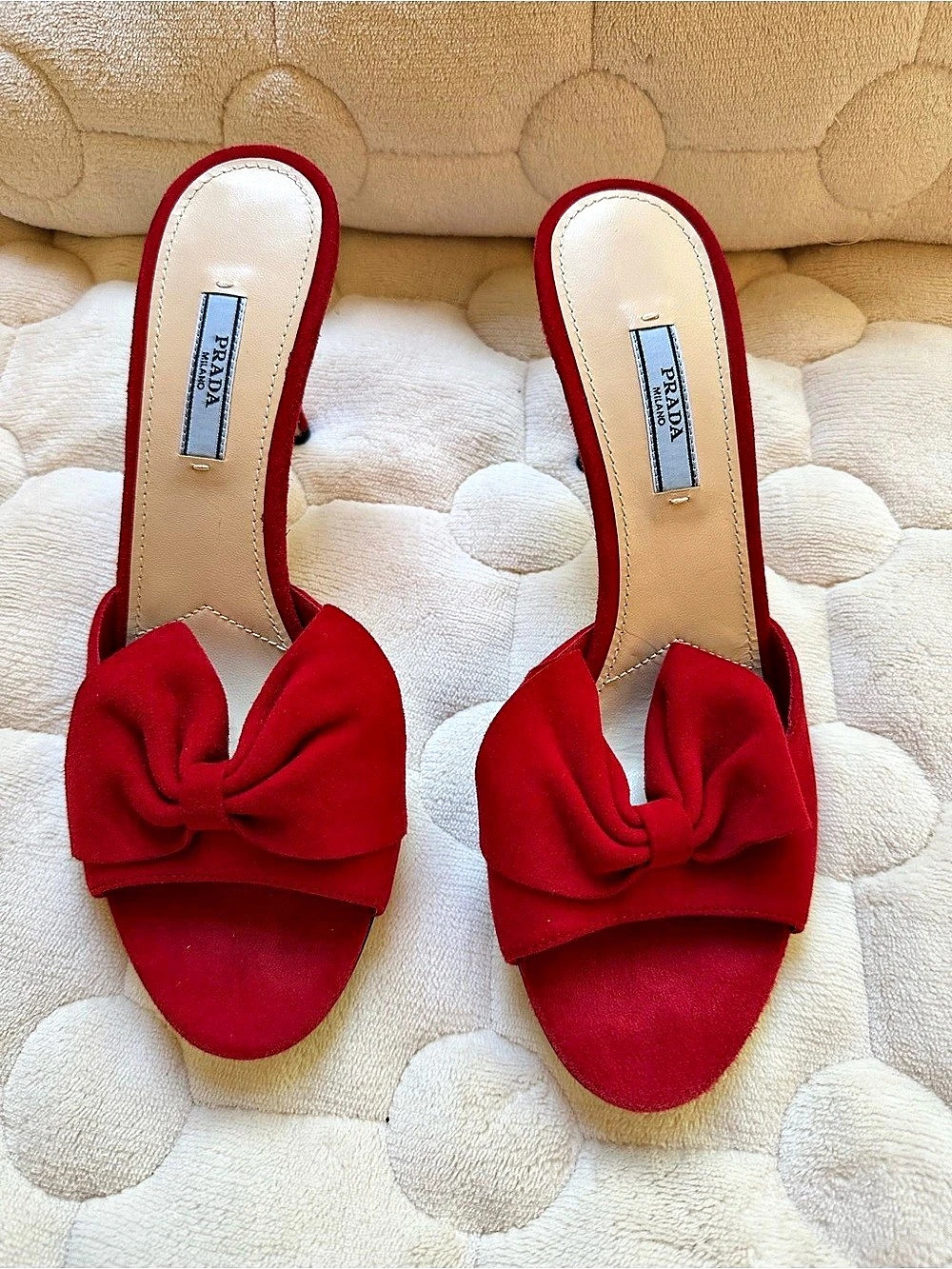 Prada Red Suede Bow Stiletto Mules EU 39 3” heel